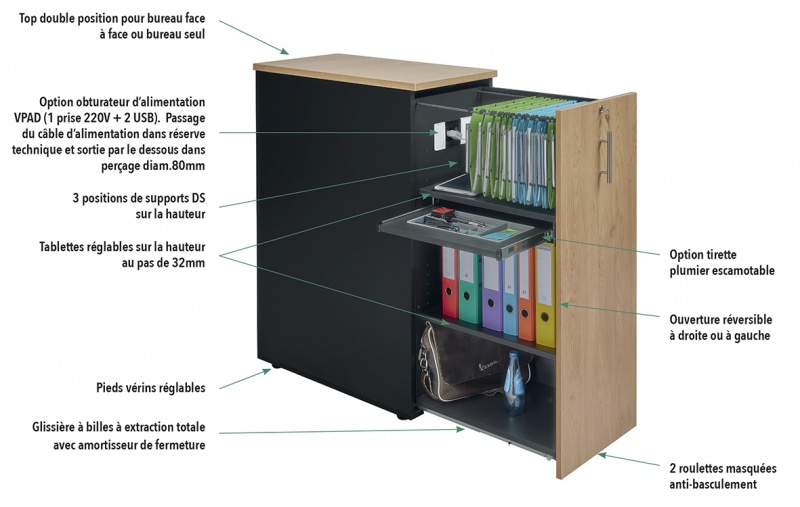 Armoire bureau mobile à rideau décor chêne spécial télétravail ! -  Ergotendances